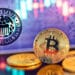 Bitcoin con gráfico y signos de interrogación y logo de Fed