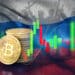 Bitcoin junto a un gráfico de mercado acompañado de la bandera de Rusia.