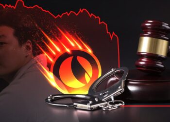 esposas apoyadas en martillo de juez con logo de terra en gráfico cayendo y Do Kwon en el fondo