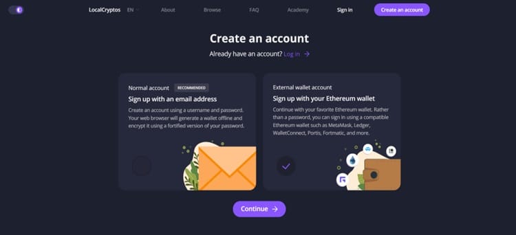 opciones para crear una cuenta el localcryptos