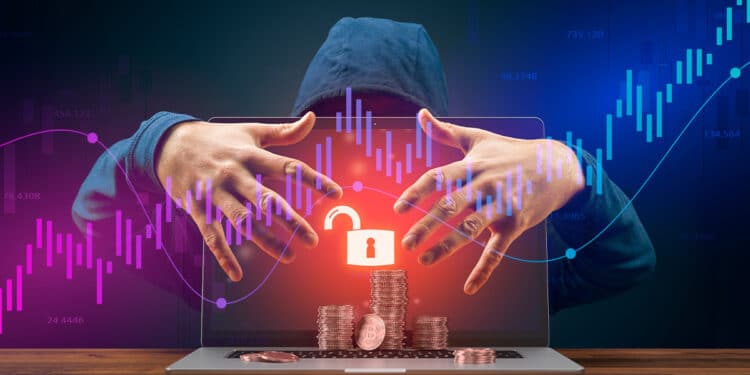 Hacker realizando un hackeo de criptomonedas.