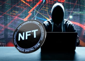 Hacker con NFT y gráfico rojo al fondo