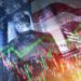 bandera de Estados Unidos sobre gráficos de precio y persona de espaldas en la bolsa de valores