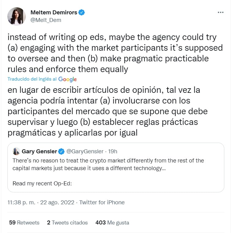 Meltem Demiror muestra desprobación ante los comentarios de Gary Gensler sobre la SEC y la regulación de bitcoin