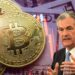 Jerome Powell junto a monedas de bitcoin sobre billetes de dólares con gráfico bajista superpuesto