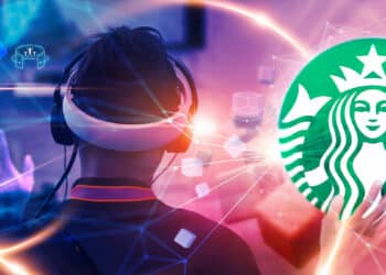 Hombre en el metaverso acompañado de nft y el logo de Starbucks.