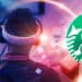 Hombre en el metaverso acompañado de nft y el logo de Starbucks.