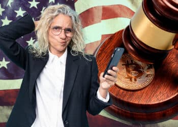 Regulación de Bitcoin en Estados Unidos, bandera de fondo, persona dudando