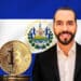 Bukele junto a un bitcoin acompañados de la bandera de El Salvador.