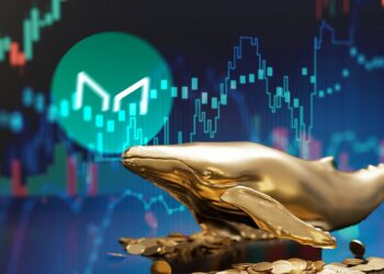 ballena de oro sobre monedas con gráficos de precio en el fondo y logo de maker superpuesto