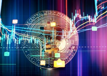 moneda de bitcoin con barras de precio supepuestas