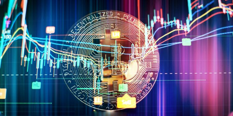 moneda de bitcoin con barras de precio supepuestas