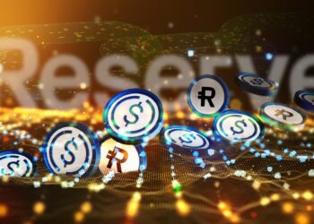 stablecoins de dólar junto a tokens de reserve en medio digital con logo de Reserve y blockchain en el fondo