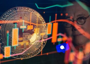 moneda de bitcoin con gráfico bajista superpuesto con robert Kiyosaki en el fondo y notificación de chat