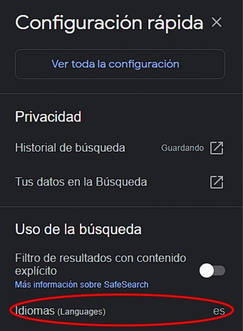configuración del idioma en google