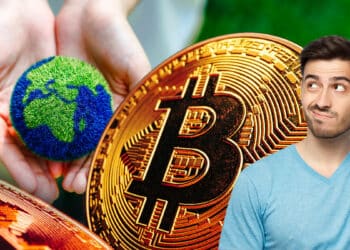 Bitcoin junto a un planeta y hombre.