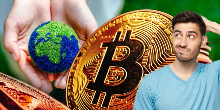 Bitcoin junto a un planeta y hombre.