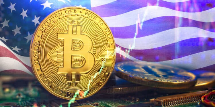Bitcoin y bandera de Estados Unidos.