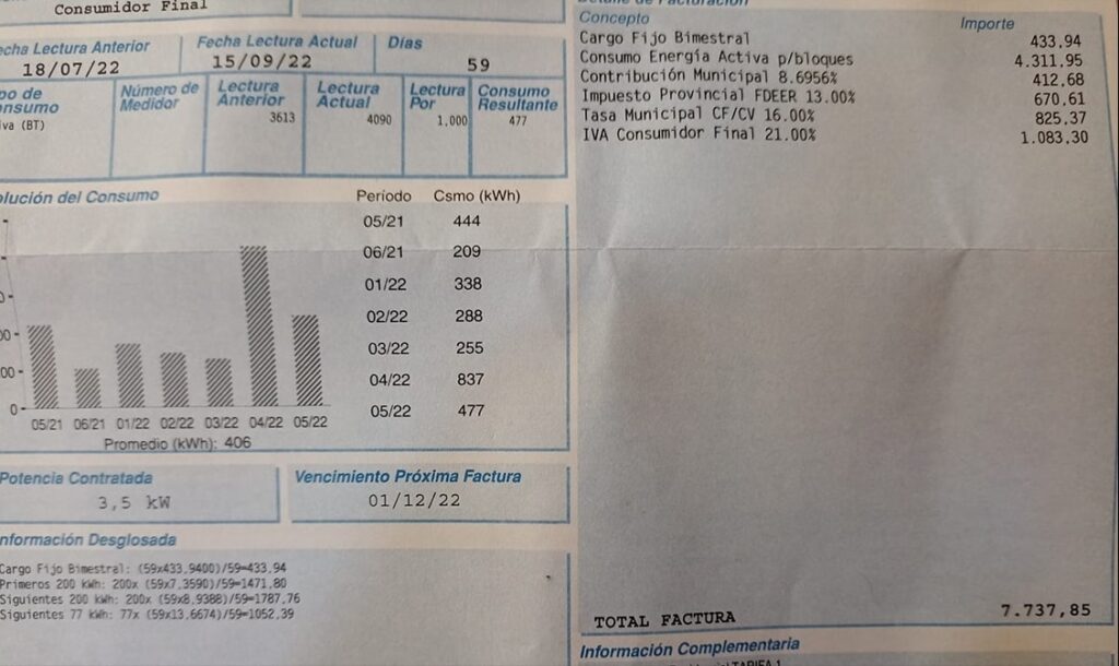 factura del costo del servicio electrico en Argentina