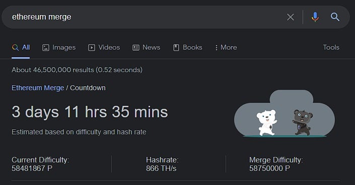 visualización dela cuenta regresiva del merge de ethereum en google