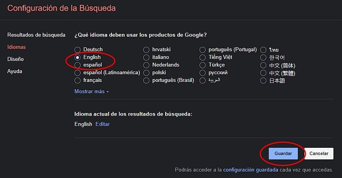 guardar configuraciones de idioma en google