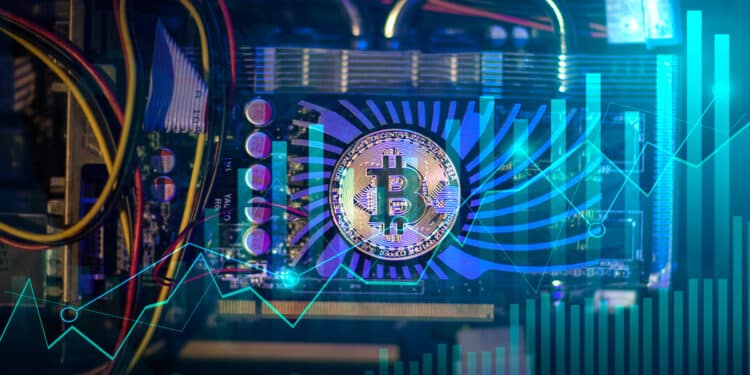 Minero de bitcoin junto a gráfico alcista que hace referencia a la subida del hashrate.