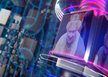 NFT de la Reina Isabel II en bloque digital con blockchains en el fondo