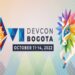 Logo del evento DEVCON Bogotá 2022 junto a un dibujo de un caballito multicolor.