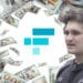 SBF con logo de FTX en el fondo rodeado por billetes de dólares