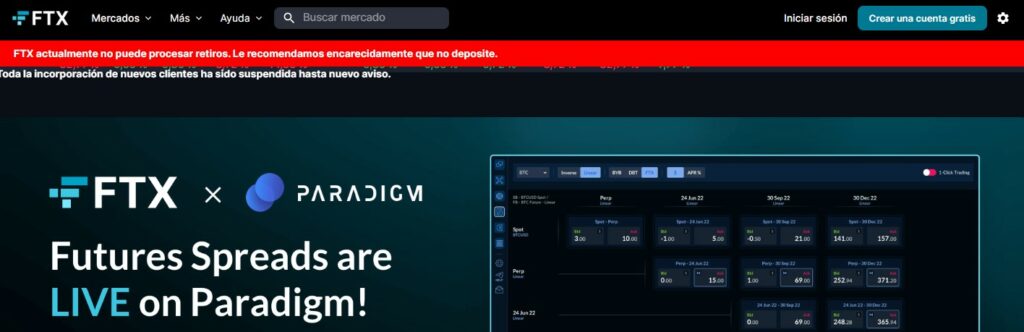Captura de pantalla sitio web de FTX