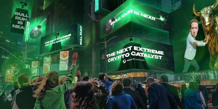 Personas en la calle viendo vallas publicitarias en las paredes de los edificios.