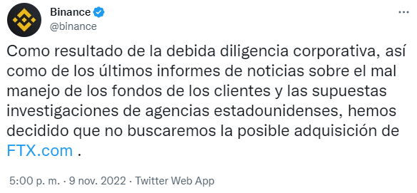 Tuit de Binance sobre FTX.