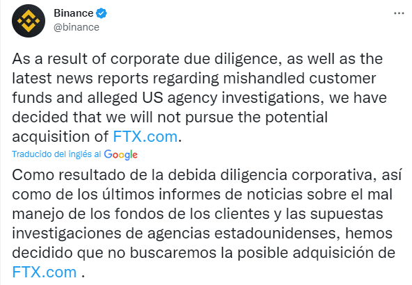 Tuit de Binance en donde informa que no va a comprar FTX.