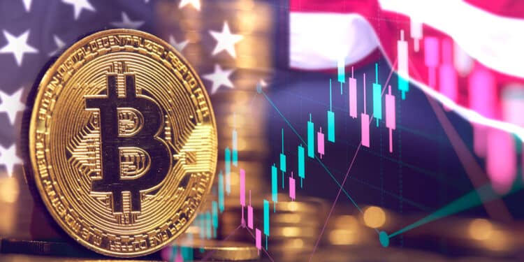 Bitcoin junto a bandera de Estados Unidos y gráficos.