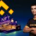 Cristiano Ronaldo junto a productora de NFT con logo de Binance en el fondo.