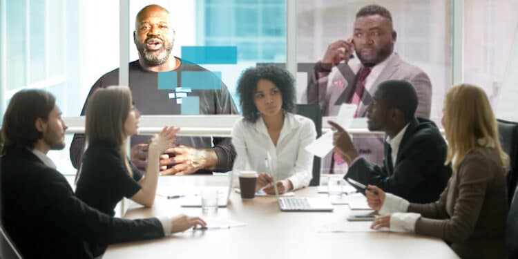 abogados reunidos con celebridades y logo de FTX en el fondo