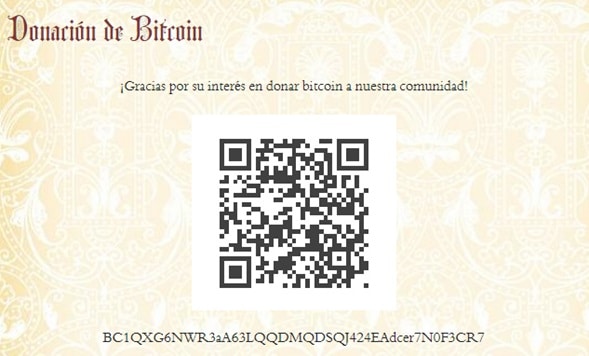dirección y código QR de la iglesia Benedictas de Maria, para recibir donaciones en bitcoin