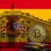 Bitcoin junto a bandera y banco de España.