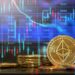 moneda de ether con gráfico de precio alcista en el fondo