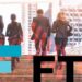 logo de FTX con personas alejandose en el fondo con gráfico en rojo superpuesto