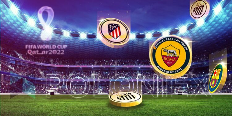 monedas con logos de equipos en campo de futbol con logo de poloniex en el fondo en estadio de futbol