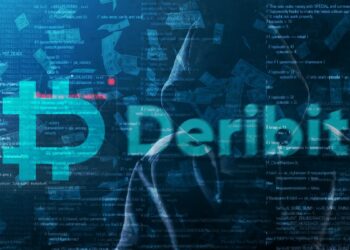 logo de Deribit sobre código con hacker y billetes de dolar cayendo en el fondo