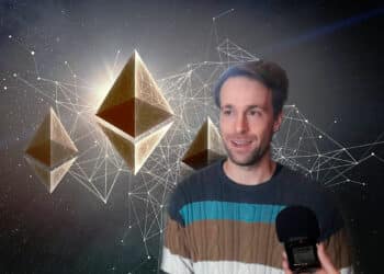 desarrollador Justin Drake con logos de ethereum y red digital en el fondo