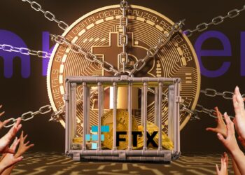manos extendidas hacia jaula con monedas de FTX encerradas y moneda de Bitcoin encadenada en el fondo con logo de Kraken