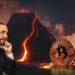 Nayib bukele en pose de espera junto a monedas de bitcoin con volcan en erupción en el fondo