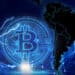 mapa de latinoamérica con logo de bitcoin, relámpagos y red digital en el fondo