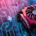 minero de GPU sobre superficie con cadenas digitales y logos de criptomonedas superpuestos