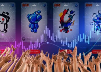 manos alzadas hacia tarjetas nft de reddi con gráfico de precio superpuesto