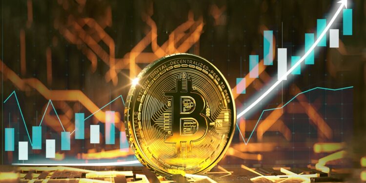 moneda de bitcoin con gráfico creciente en el fondo