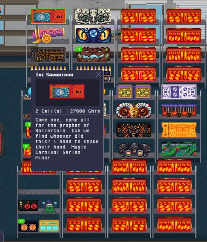 pantalla de juego muestra distintos equipos de minería de Rollercoin